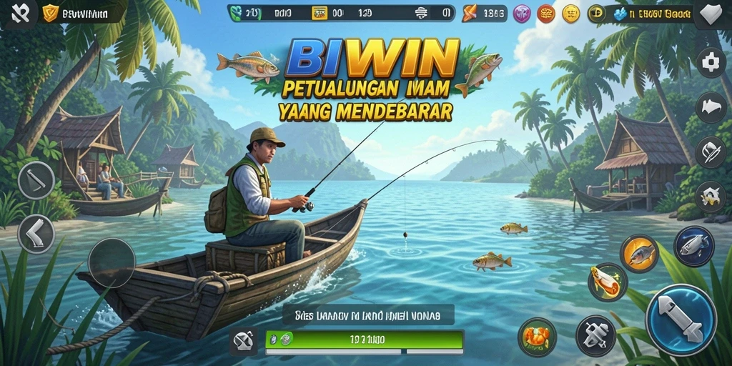 Screenshot gameplay BIWIN menunjukkan aksi memancing yang penuh warna.