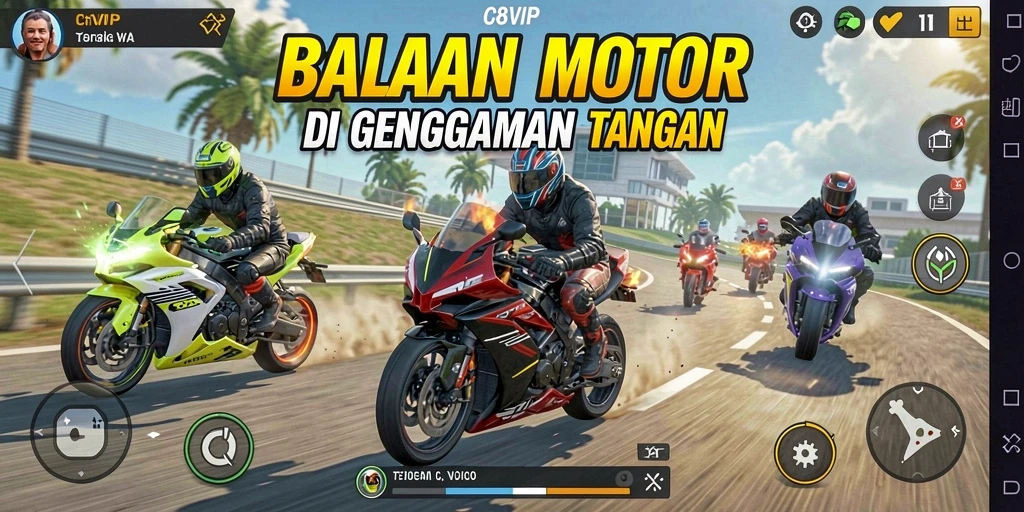 Tangkapan layar permainan C8VIP menampilkan aksi balapan motor yang mendebarkan.