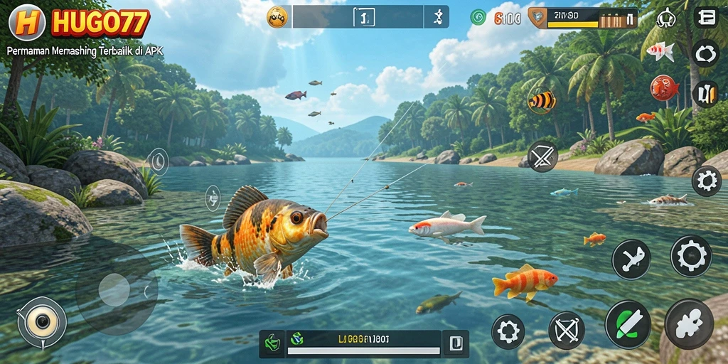 Tampilan gameplay seru HUGO77 dalam memancing ikan.