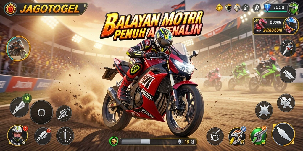 Gameplay JAGOTOGEL menampilkan aksi balapan motor yang seru dan penuh tantangan.