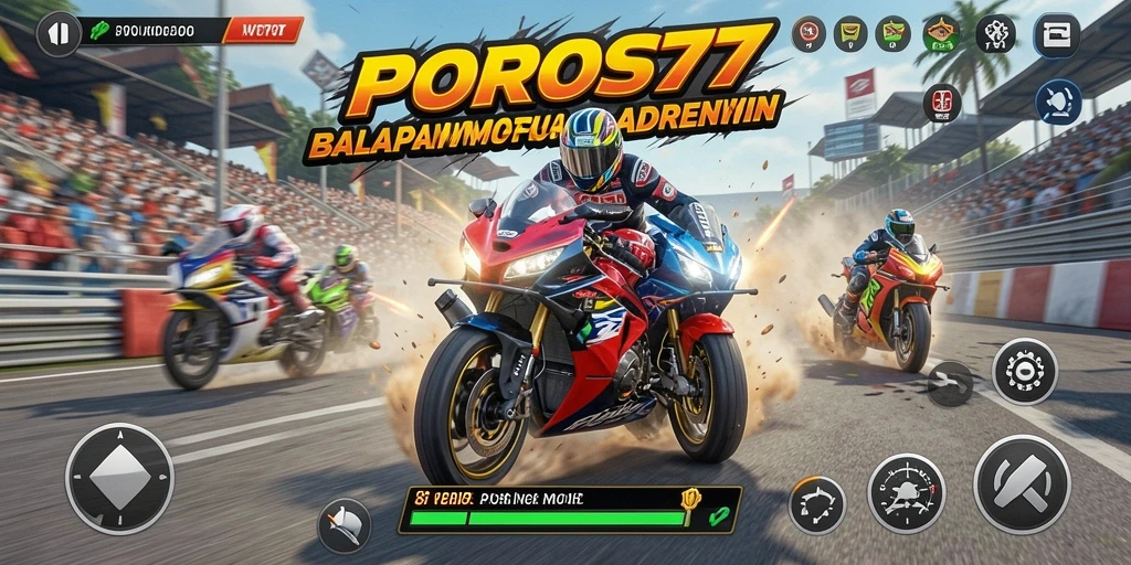 Tampilan gameplay POROS77 yang mendebarkan dan penuh aksi balapan motor.