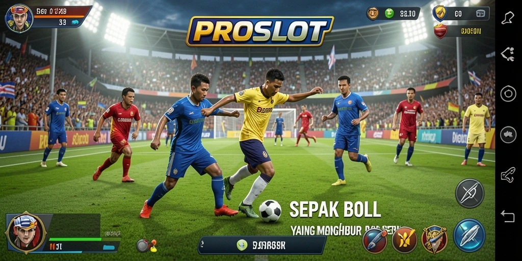 Screenshot gameplay <strong>PROSLOT</strong> dengan aksi sepak bola yang mendebarkan.