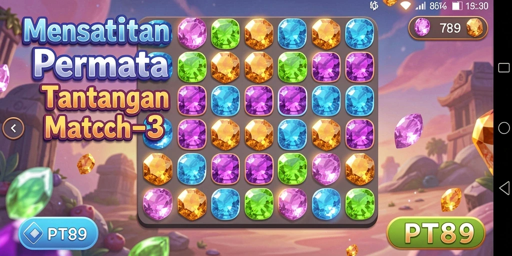 Tangkapan layar PT89 menampilkan gameplay seru mencocokkan permata.