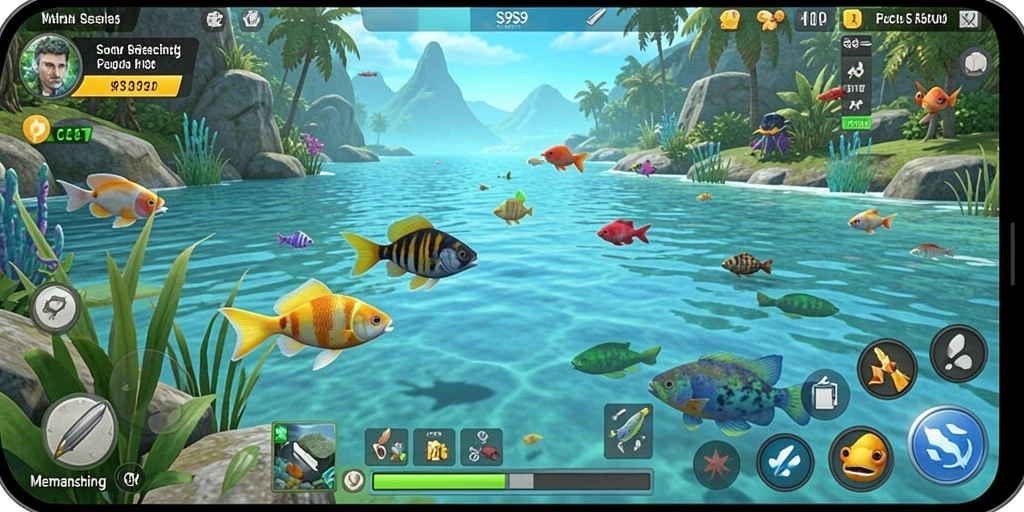 Tampilan gameplay dalam S9S9 dengan berbagai jenis ikan yang menarik.