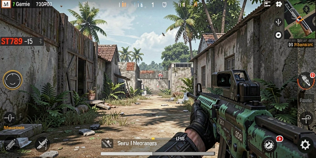 Tangkapan layar gameplay ST789 menampilkan pertempuran seru dengan berbagai senjata.