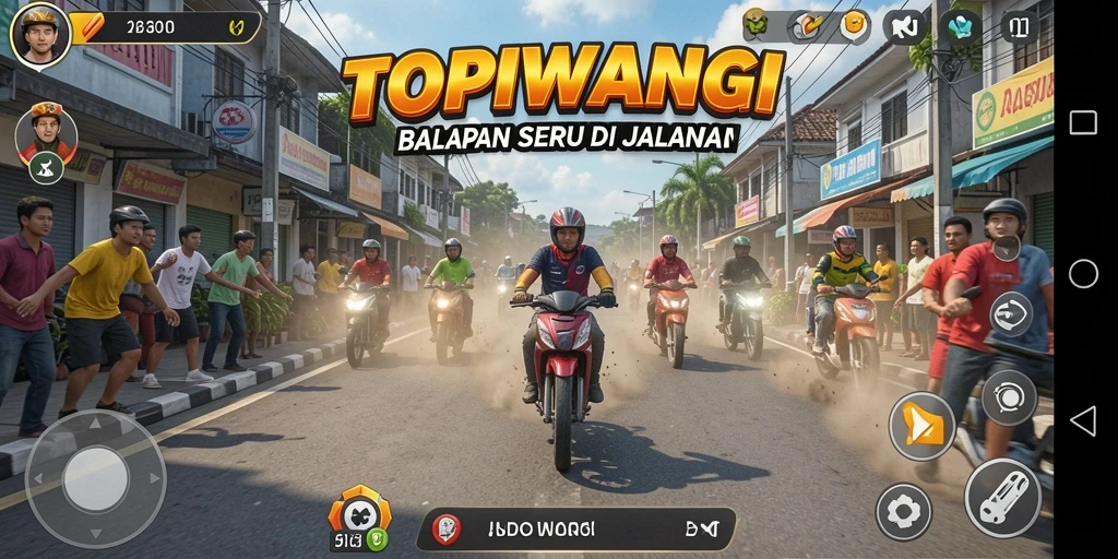Tangkapan layar gameplay TOPIWANGI yang menunjukkan serunya balapan.