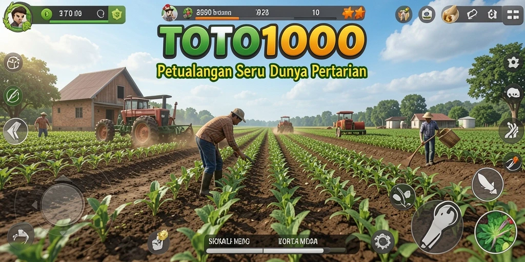 Tangkapan layar utama TOTO1000 menunjukkan pemain sedang bercocok tanam dengan penuh semangat.